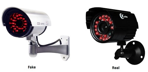 Lights of both fake and real security cameras Lights of both fake and real security cameras